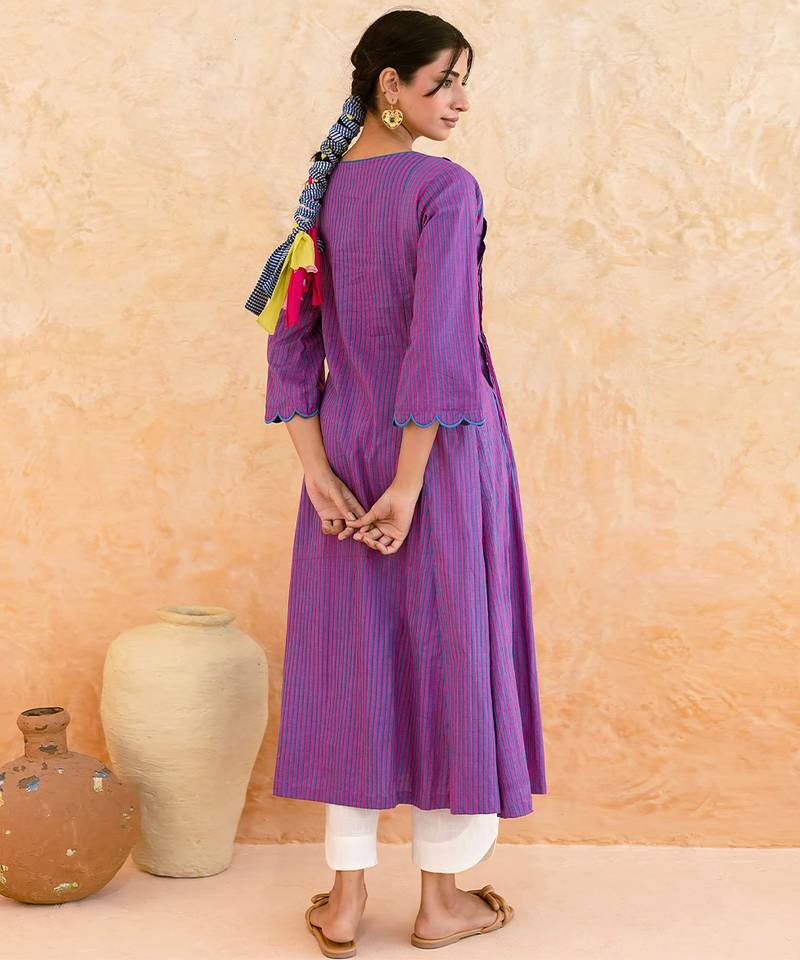 Purple striped printed cotton kurta set