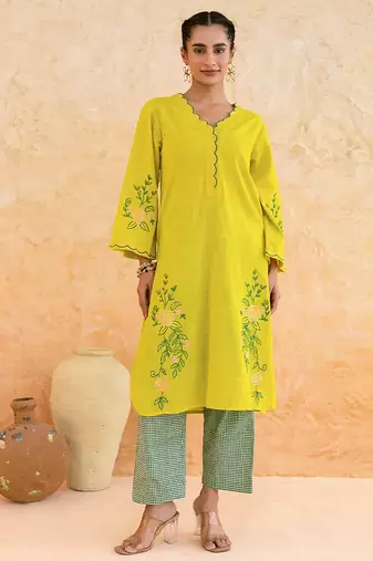 Lemon yellow embroidered cotton kurta set