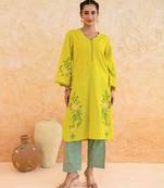 Lemon yellow embroidered cotton kurta set
