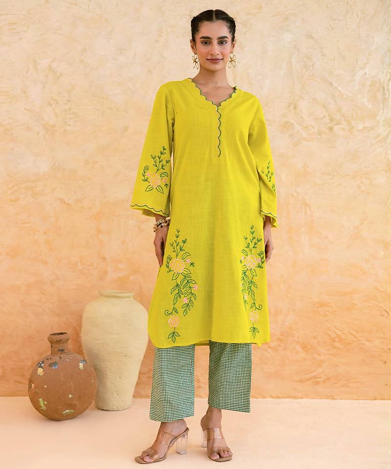 Lemon yellow embroidered cotton kurta set