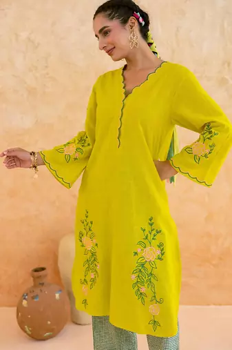 Lemon yellow embroidered cotton kurta set