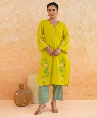 Lemon yellow embroidered cotton kurta set 3