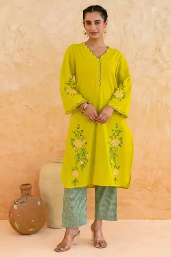 Lemon yellow embroidered cotton kurta set