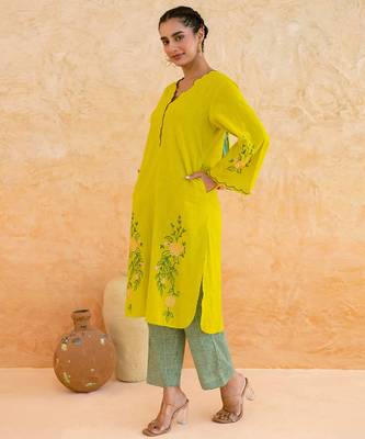 Lemon yellow embroidered cotton kurta set 4