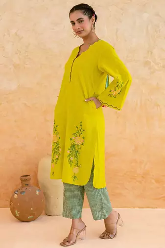 Lemon yellow embroidered cotton kurta set