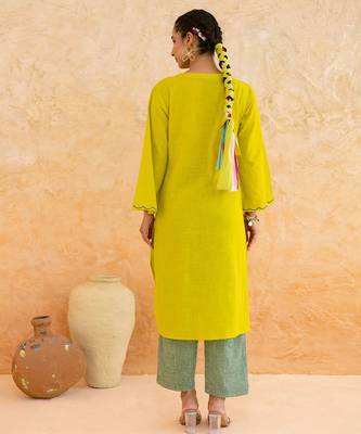 Lemon yellow embroidered cotton kurta set 5