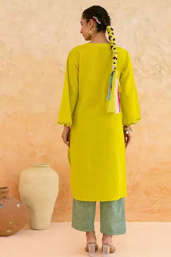 Lemon yellow embroidered cotton kurta set