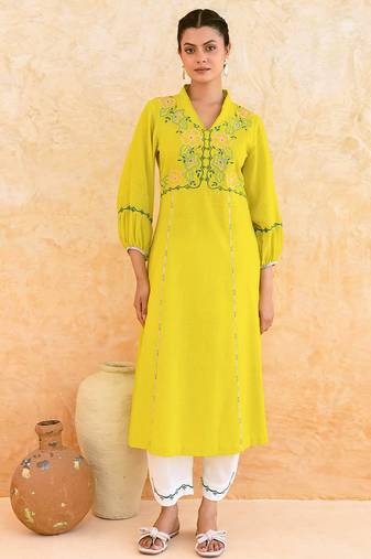 Lemon yellow embroidered cotton kurta set