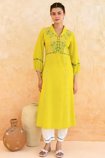 Lemon yellow embroidered cotton kurta set