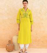 Lemon yellow embroidered cotton kurta set