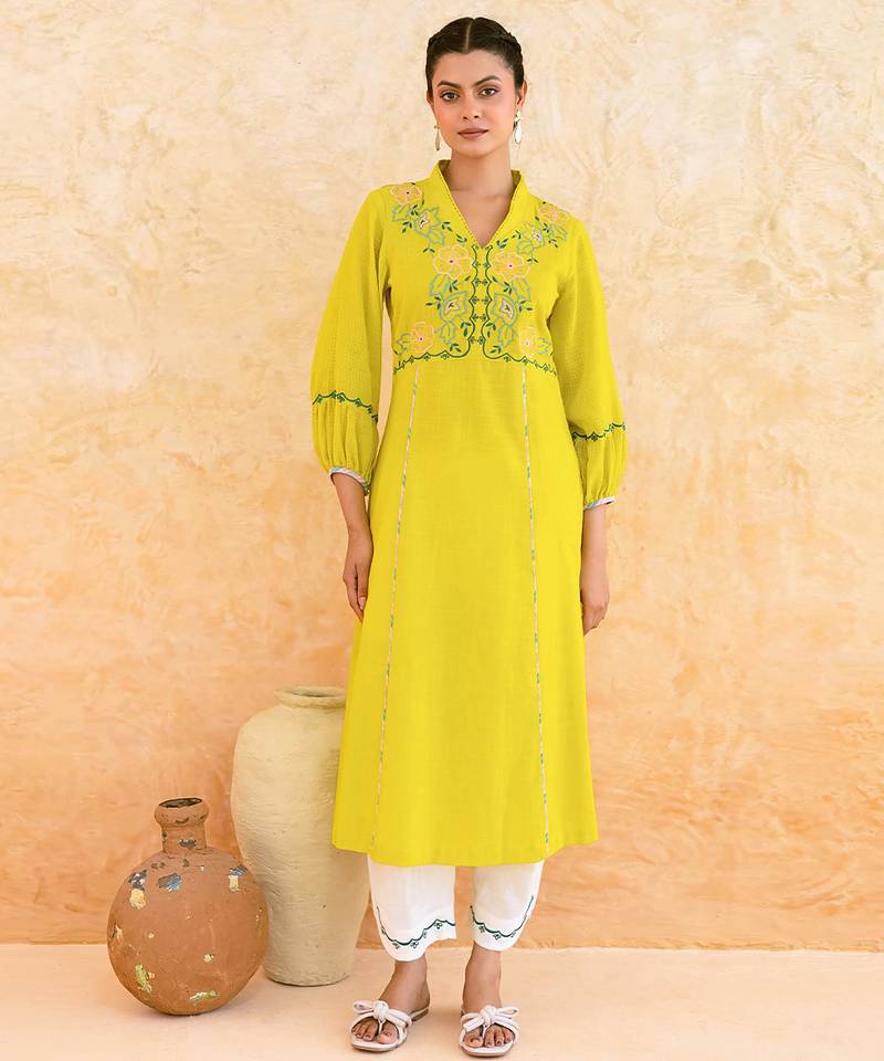 Lemon yellow embroidered cotton kurta set