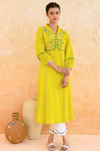 Lemon yellow embroidered cotton kurta set