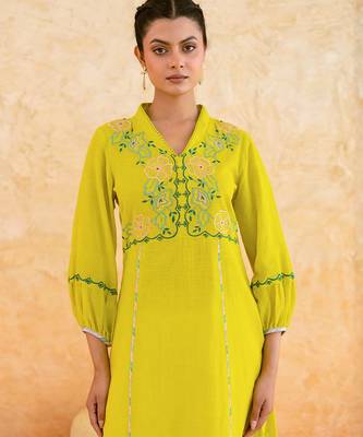 Lemon yellow embroidered cotton kurta set 3