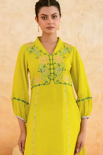 Lemon yellow embroidered cotton kurta set