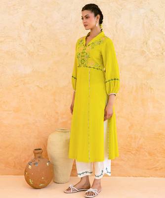 Lemon yellow embroidered cotton kurta set 4