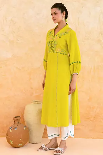 Lemon yellow embroidered cotton kurta set