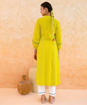 Lemon yellow embroidered cotton kurta set 5