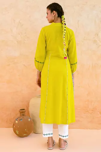 Lemon yellow embroidered cotton kurta set