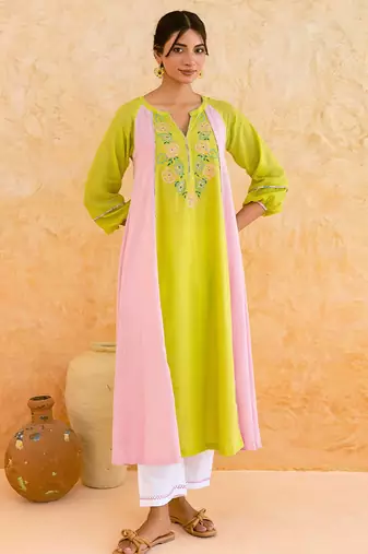 Lemon yellow pink embroidered cotton kurta set