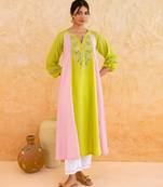 Lemon yellow pink embroidered cotton kurta set