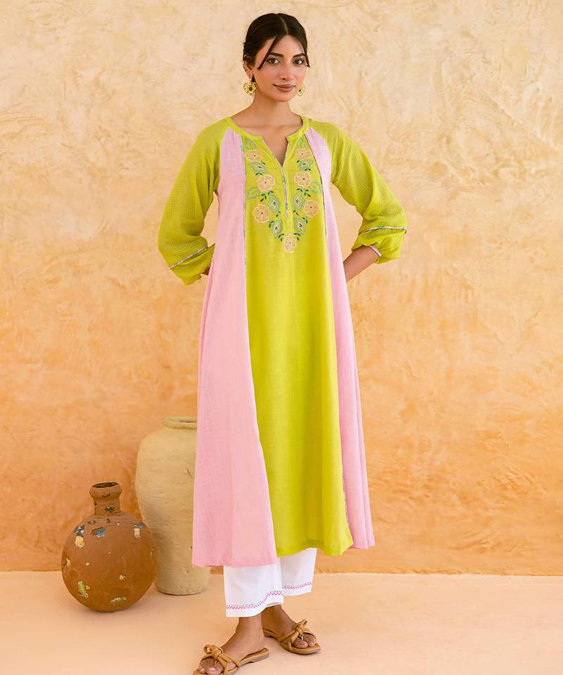 Lemon yellow pink embroidered cotton kurta set