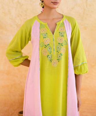 Lemon yellow pink embroidered cotton kurta set 2