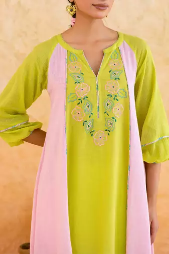 Lemon yellow pink embroidered cotton kurta set