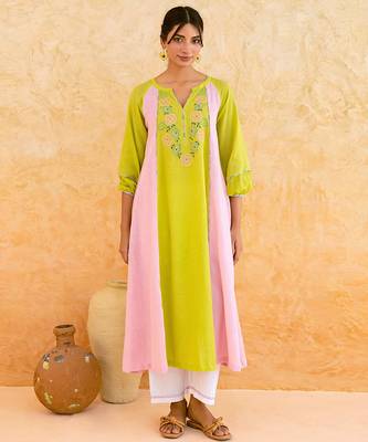 Lemon yellow pink embroidered cotton kurta set 3