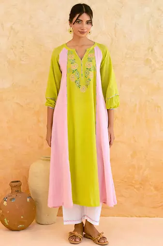 Lemon yellow pink embroidered cotton kurta set