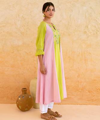 Lemon yellow pink embroidered cotton kurta set 4