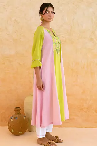 Lemon yellow pink embroidered cotton kurta set