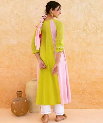 Lemon yellow pink embroidered cotton kurta set 5