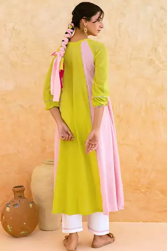Lemon yellow pink embroidered cotton kurta set