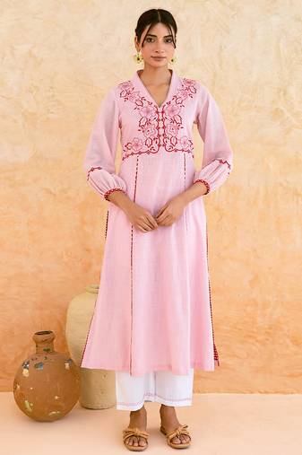 Baby pink embroidered cotton kurta set