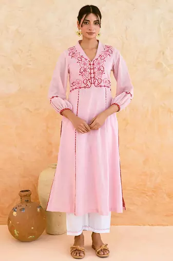 Baby pink embroidered cotton kurta set