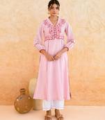 Baby pink embroidered cotton kurta set