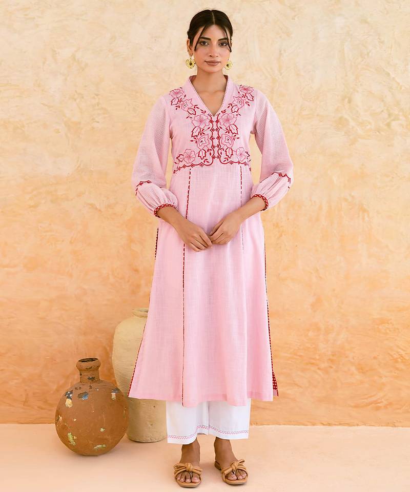 Baby pink embroidered cotton kurta set