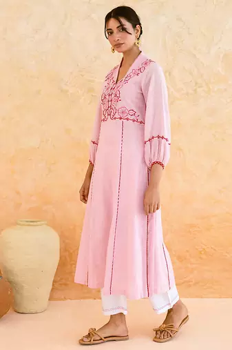 Baby pink embroidered cotton kurta set