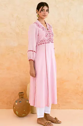 Baby pink embroidered cotton kurta set