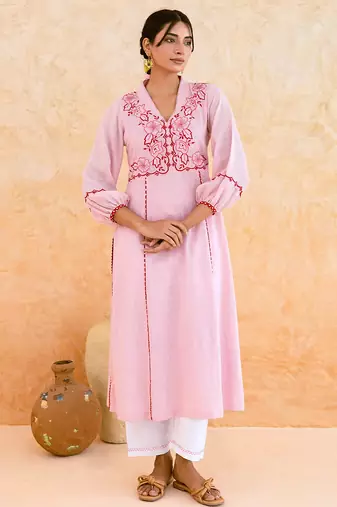 Baby pink embroidered cotton kurta set