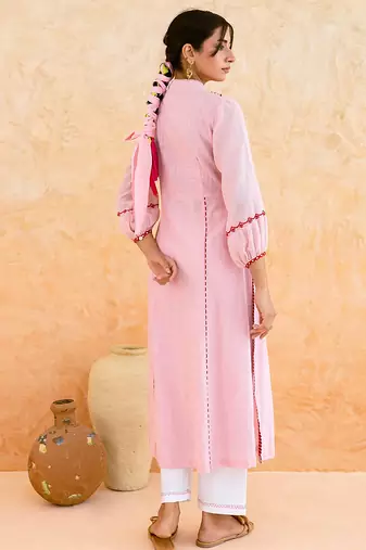 Baby pink embroidered cotton kurta set