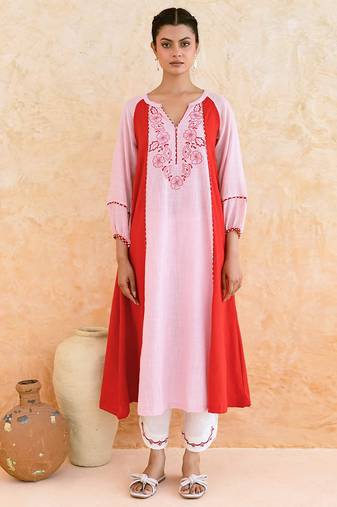 Pink red embroidered cotton kurta set