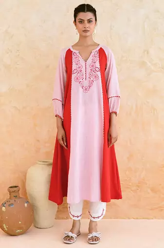 Pink red embroidered cotton kurta set