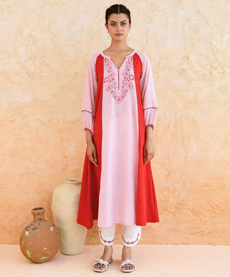 Pink red embroidered cotton kurta set