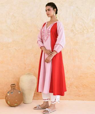 Pink red embroidered cotton kurta set 2