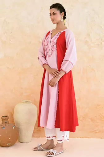 Pink red embroidered cotton kurta set