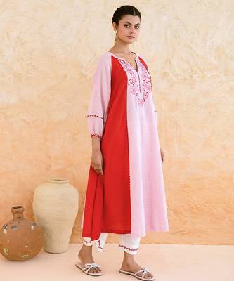 Pink red embroidered cotton kurta set 3
