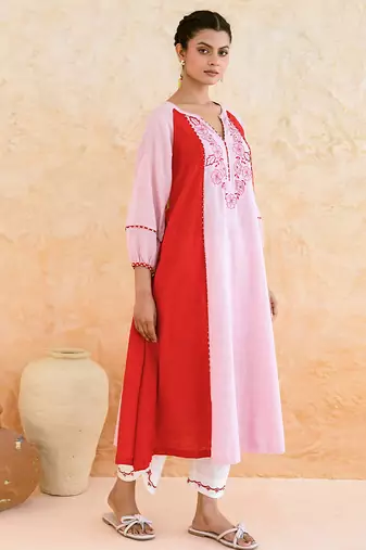 Pink red embroidered cotton kurta set