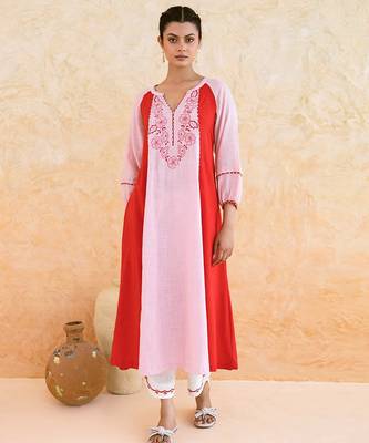 Pink red embroidered cotton kurta set 4