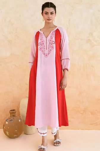 Pink red embroidered cotton kurta set